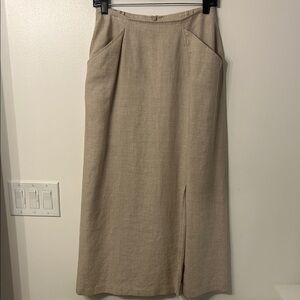 SUSAN BRISTOL Tan Khaki Linen Blend Midi Skirt